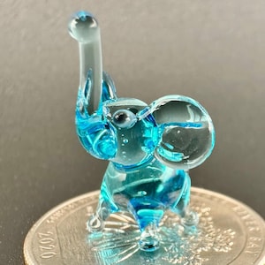 Tiny Blue Glass Elephant Figurine • Handmade Blown Glass Mini Animal Sculpture • Cute Desk Decor Gift • Birthday Gifts