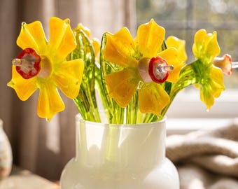 Glazen narcis, narcissen cadeau, narcissen glas, bloem maart geboorte maand, glazen geboortemaand bloem, narcis kunst, glazen bloemen, verjaardagscadeaus