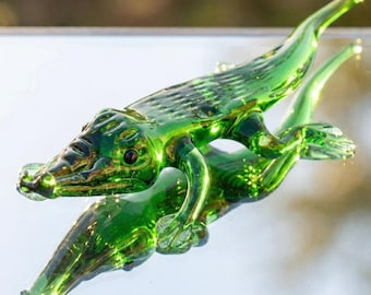 Glass Alligator, Glass Sculpture, Alligator Art, Alligator Decor, Glass Animals, Green Glass Alligator, Blown Glass, Art Figure