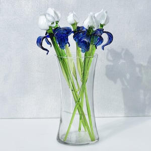 Blue and White Glass Iris – Handblown Long Stem Flower, Elegant Gift for Mother’s Day, Birthday, or Timeless Home Décor