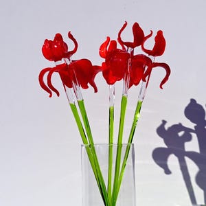 17” Red Glass Iris Flower – Tall Handblown Glass Floral Art, Realistic Red Iris Stem, Elegant Handmade Glass Flower for Home Décor & Gifts