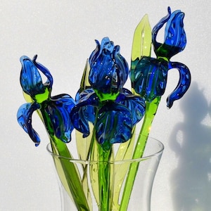 Blue Glass Iris, Blown Glass Flowers, Glass Flower Bouquet, Spring Home Decor Centerpiece, Eternal Flowers, Blown Glass Art Mothers Day Gift