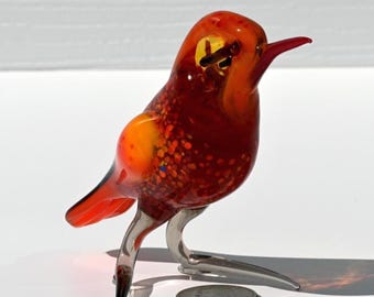 手作りのオレンジ色の鳥、ガラスの鳥の置物、鳥の彫刻、鳥の装飾、鳥
