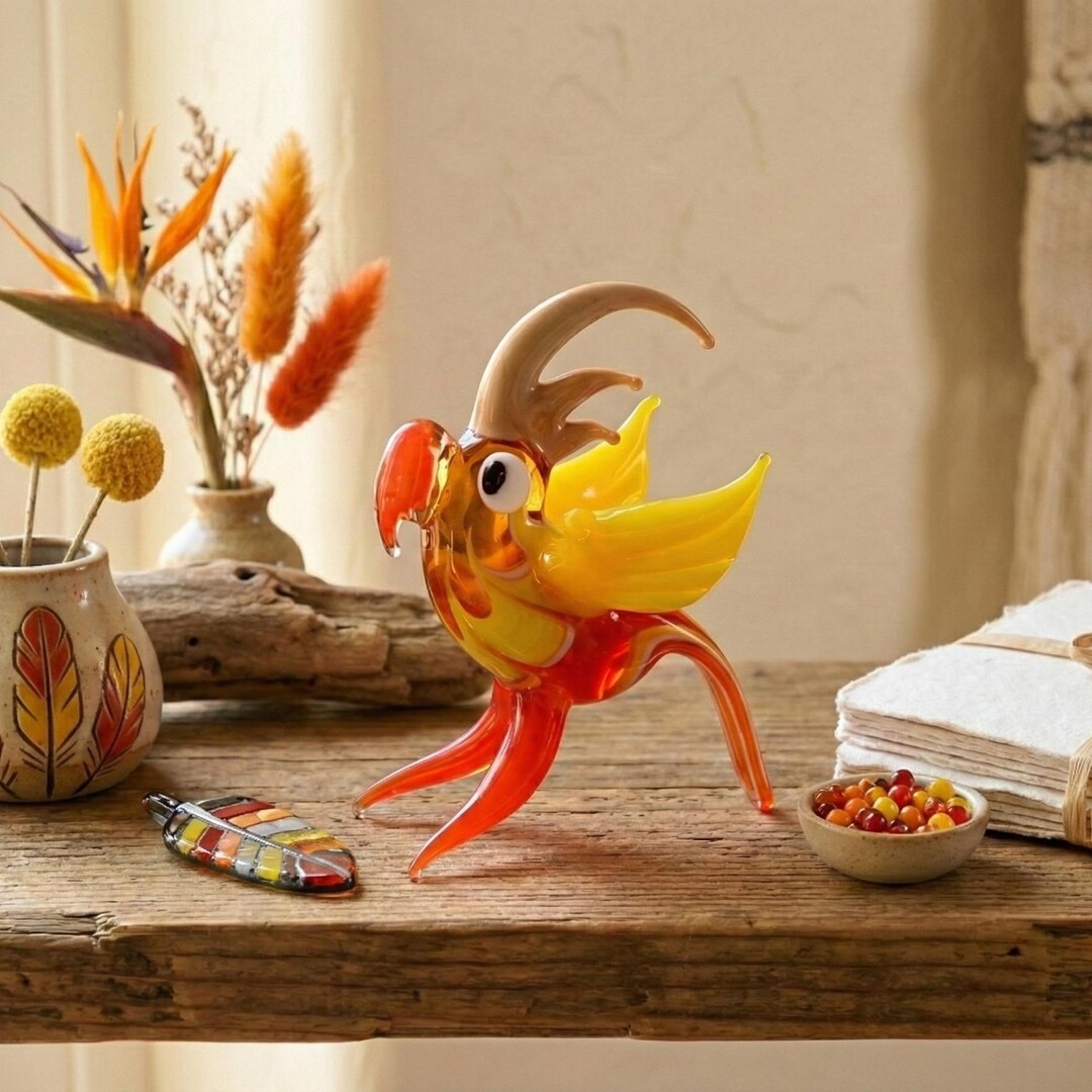 オレンジ色の鳥、オウムの置物、鳥好きの方へのギフト、ガラスの鳥の