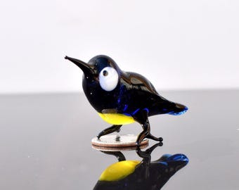 ムラーノガラスの鳥、青い鳥の置物、ガラス製の動物の置物、鳥の彫刻