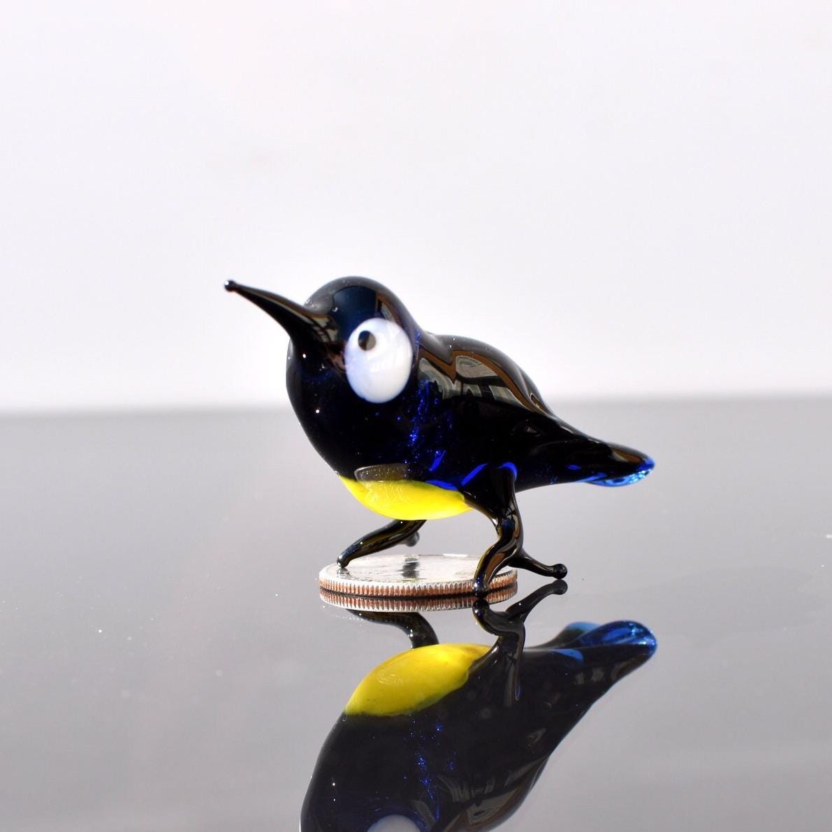 ムラーノガラスの鳥、青い鳥の置物、ガラス製の動物の置物、鳥の彫刻