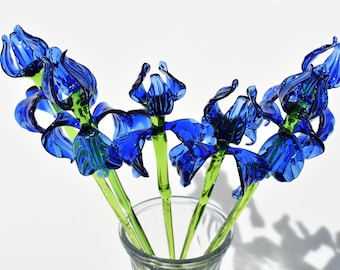 Beautiful extra long blue glass Iris flower. Excellent addition to your glass collection, unique gift. Each flower is priced individually.