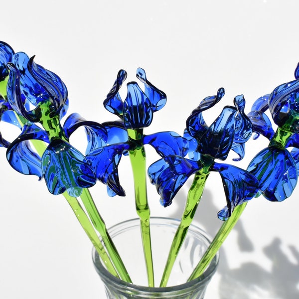 Beautiful extra long blue glass Iris flower. Excellent addition to your glass collection, unique gift. Each flower is priced individually.