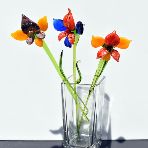 Beautiful colorful one- of- a- kind bouquet of 3 glass orchids flowers. Excellent addition to your glass shops collection, unique gift.