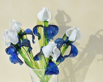 Gorgeous  Blue-White glass long stem Iris flower. Excellent addition to your glass collection. Each flower is priced individually.