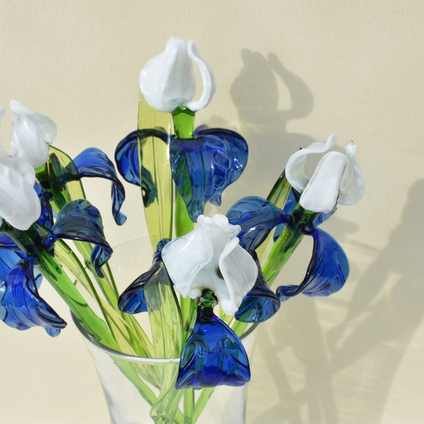 Gorgeous  Blue-White glass long stem Iris flower. Excellent addition to your glass collection. Each flower is priced individually.