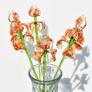 Orange Glass Iris – 17” Handblown Flower Stem, Bright Forever Bloom for Home Décor, Unique Gift for Her