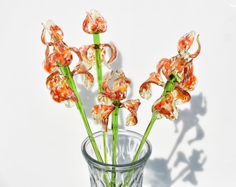 Orange Glass Iris – 17” Handblown Flower Stem, Hand Blown Glass Flowers, Bright Forever Bloom for Home Décor, Unique Gift for Her