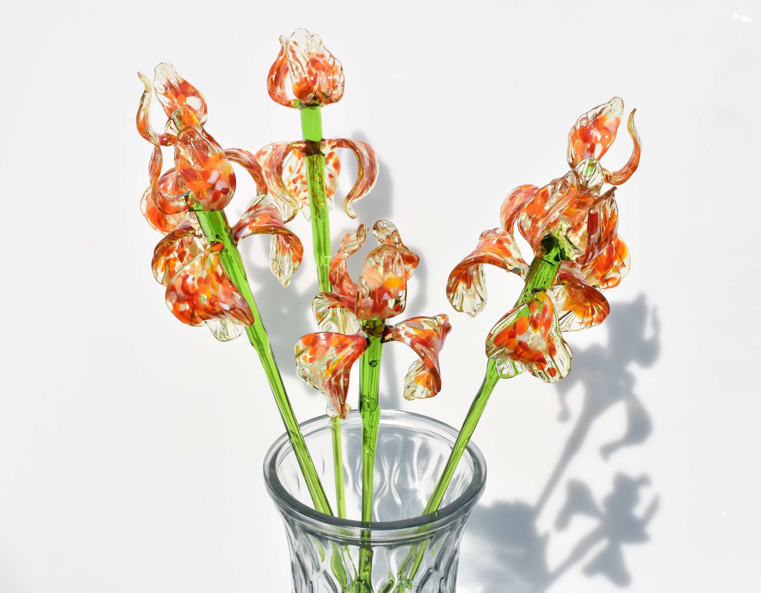 Orange Glass Iris - 17" Handblown Flower Stem, Hand Blown Glass Flowers, Bright Forever Bloom for Home Décor, Unique Gift for Her