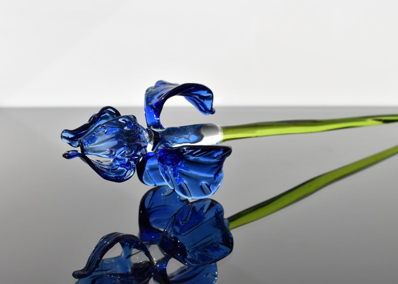 unique gift. Excellent addition to your glass collection Beautiful extra long blue glass Iris flower