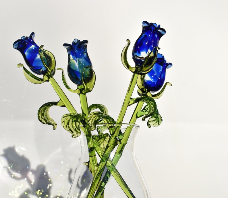 Glass Rose - Blue Glass Flowers - Glass Flower Bouquet - Hand Blown ...