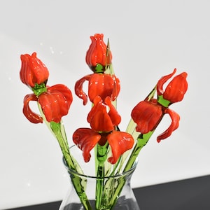 Beautiful long stem orange glass Iris flower. Excellent addition to your glass collection, unique gift. Each flower is priced individually.