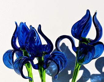 Beautiful extra long blue glass Iris flower. Excellent addition to your decor collection, unique gift. Each flower is priced individually.