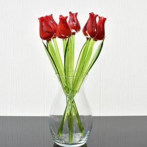 Long stem Red-clear glass tulip.  Excellent addition to your glass collection, unique gift. Each flower is priced individually.