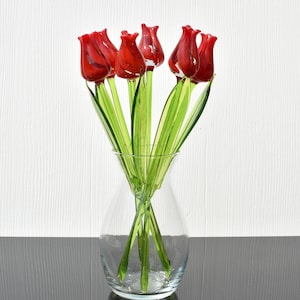 Handblown Red Tulip Glass Flower – 13” Long Stem, Elegant Glass Home Decor & Romantic Gift Idea
