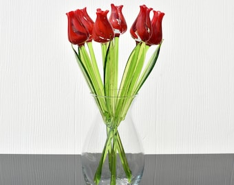 Long stem Red-clear glass tulip.  Excellent addition to your glass collection, unique gift. Each flower is priced individually.