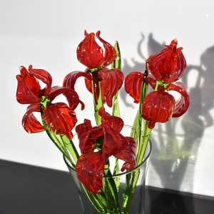 Beautiful long stem red glass Iris flower. Excellent addition to your glass collection, unique gift. Each flower is priced individually.