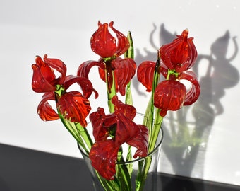 Beautiful long stem red glass Iris flower. Excellent addition to your glass collection, unique gift. Each flower is priced individually.