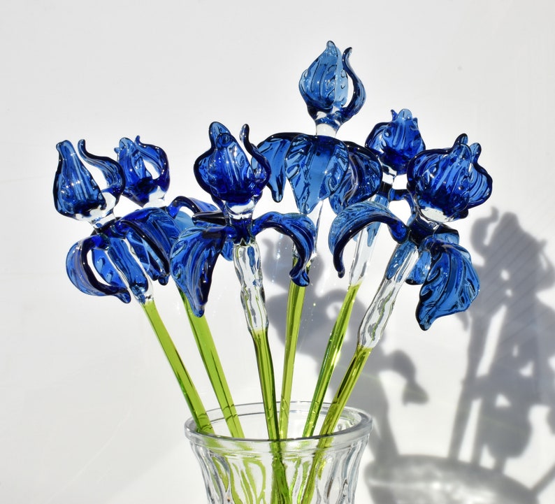 unique gift. Excellent addition to your glass collection Beautiful extra long blue glass Iris flower