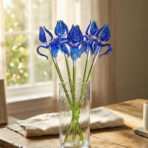 Blue Glass Iris, Blown Glass Flowers, Glass Flower Bouquet, Spring Home Decor Centerpiece, Eternal Flowers, Blown Glass Art Mothers Day Gift 17 Inches