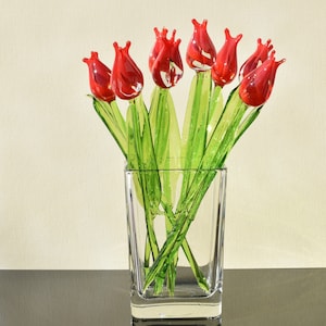 Gorgeous Red-clear glass tulip.  Excellent addition to your glass collection, unique gift. Each flower is priced individually.