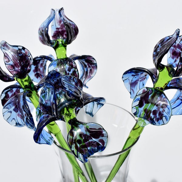 Beautiful  long stem Blue Cheetah pattern design Glass Iris.  Unique gift. Each flower is priced individually.