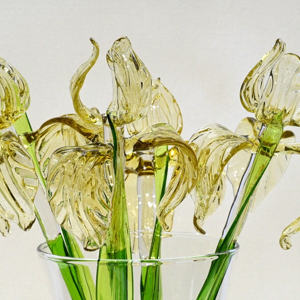 Beautiful  long stem golden-transparent glass Iris flower. Excellent addition to your home décor. Each flower is priced individually.