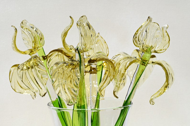 May include: A bouquet of glass irises in a clear glass vase. The flowers are a pale yellow color and the stems are green.