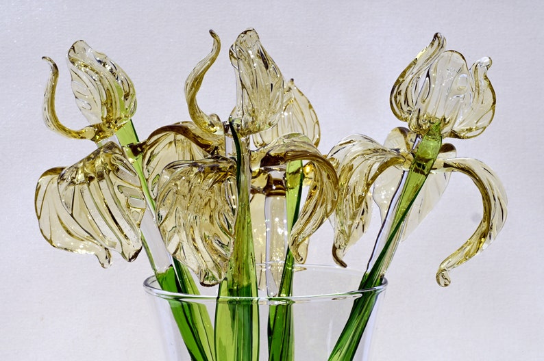 May include: A bouquet of glass irises in a clear glass vase. The flowers are a pale yellow color and have green stems.