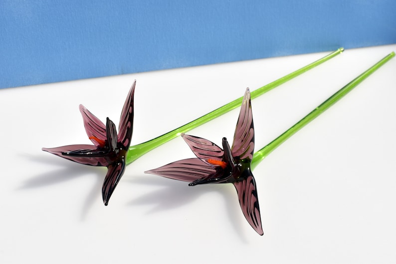 May include: Two glass flower sculptures with purple petals and green stems. The petals have dark purple veining and a touch of orange. The stems are long and slender, and the flowers are set against a white and blue background.