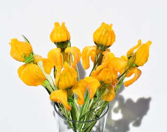 Beautiful  orange-yellow glass Iris flower. Excellent addition to your glass collection, unique gift. Each flower is priced individually.