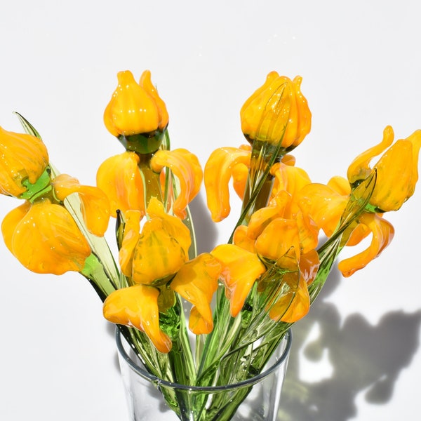 Beautiful  orange-yellow glass Iris flower. Excellent addition to your glass collection, unique gift. Each flower is priced individually.
