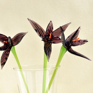 May include: Three glass flowers with dark purple petals and orange accents are displayed in a clear vase. The stems are green. The flowers are in a clear glass vase against a cream-colored background.