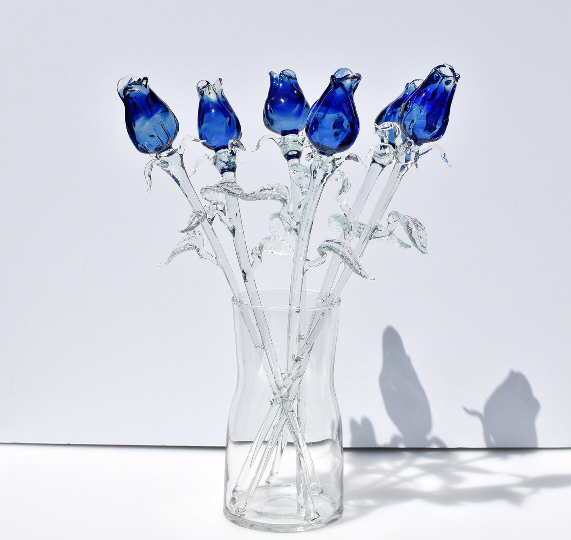 clear blue glass long stem rose flower. Excellent Etsy