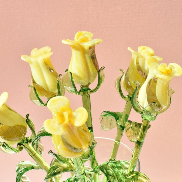 Beautiful yellow glass long stem Rose flower. Excellent addition to your home décor, unique gift. Each flower is priced individually.