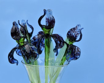 Beautiful long-stem Blue Cheetah pattern design Blue Glass Iris.  Unique gift. Each flower is priced individually.