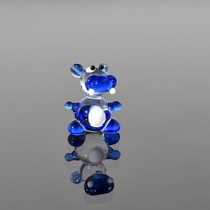 Cute blue- clear glass hippo , whimsical, Lamp work miniature character from Glass Menagerie, Unique gift.