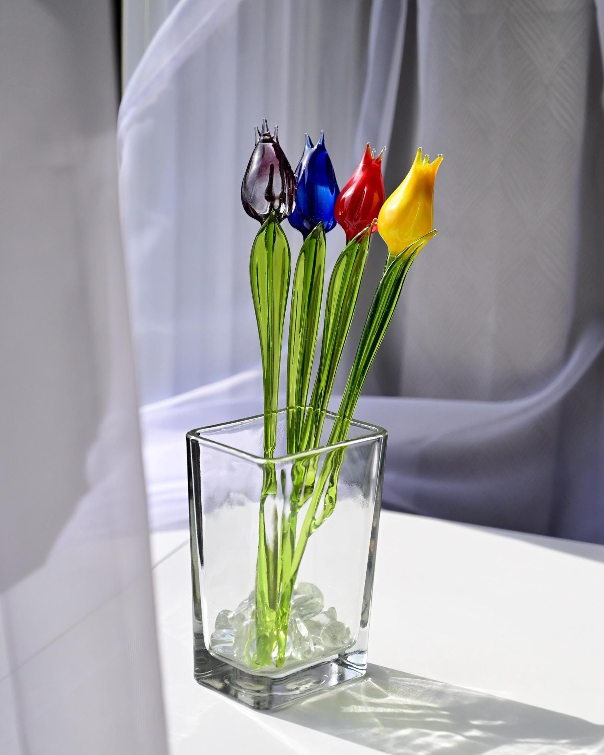 Colorful Glass Tulips, Glass Flowers Bouquet, Hand-blown Glass