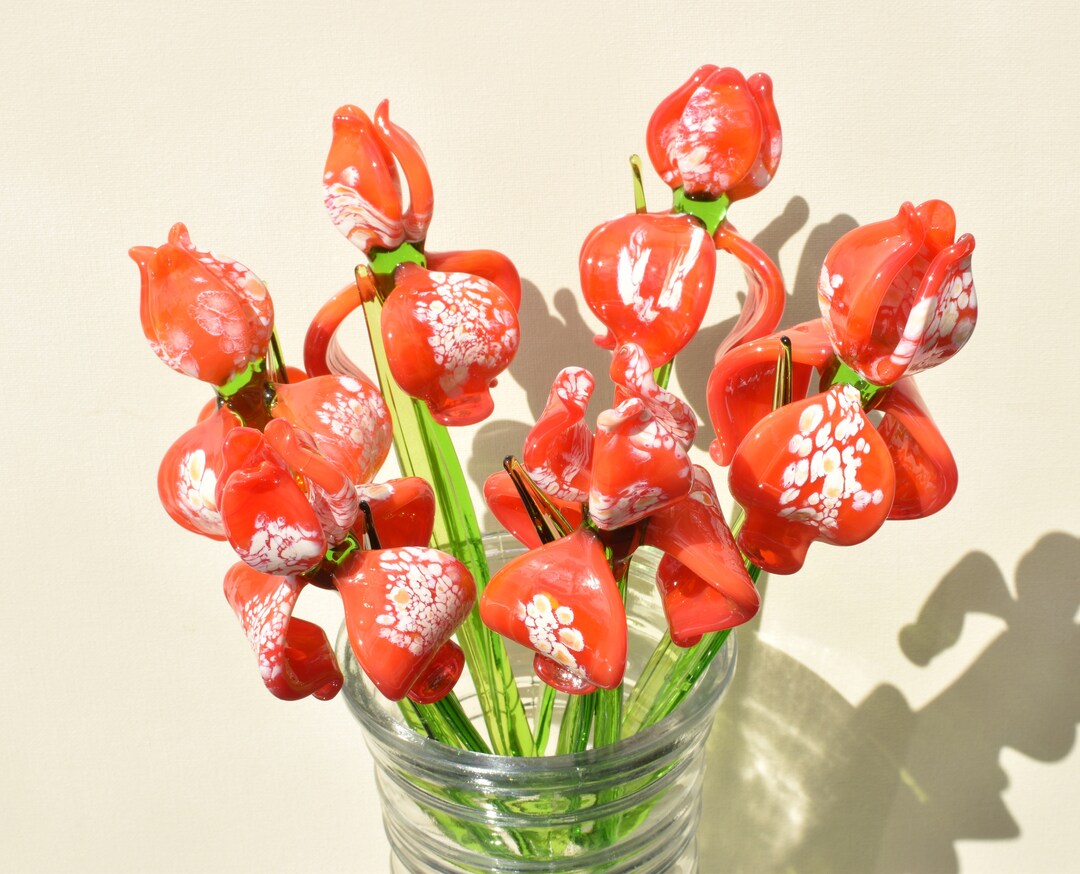 Elegant Extra Long Stem Redorange Glass Iris Flower. Excellent