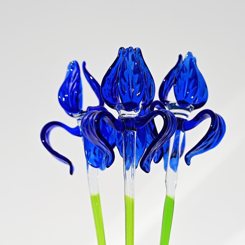 Blue Glass Iris, Blown Glass Flowers, Glass Flower Bouquet, Spring Home Decor Centerpiece, Eternal Flowers, Blown Glass Art Mothers Day Gift image 9