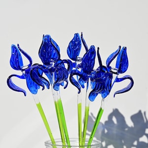 Blue Glass Iris, Blown Glass Flowers, Glass Flower Bouquet, Spring Home Decor Centerpiece, Eternal Flowers, Blown Glass Art Mothers Day Gift image 8
