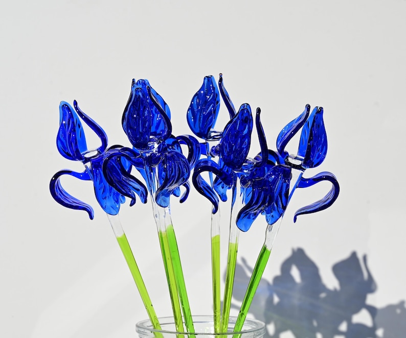 Blue Glass Iris, Blown Glass Flowers, Glass Flower Bouquet, Spring Home Decor Centerpiece, Eternal Flowers, Blown Glass Art Mothers Day Gift image 8