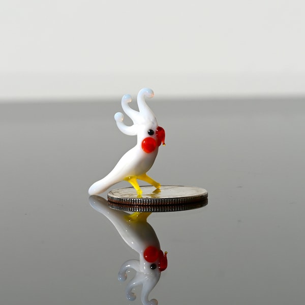 Cute miniature Glass cockatiel parrot. Whimsical figurine with a lot of character and personality. Unique gift.