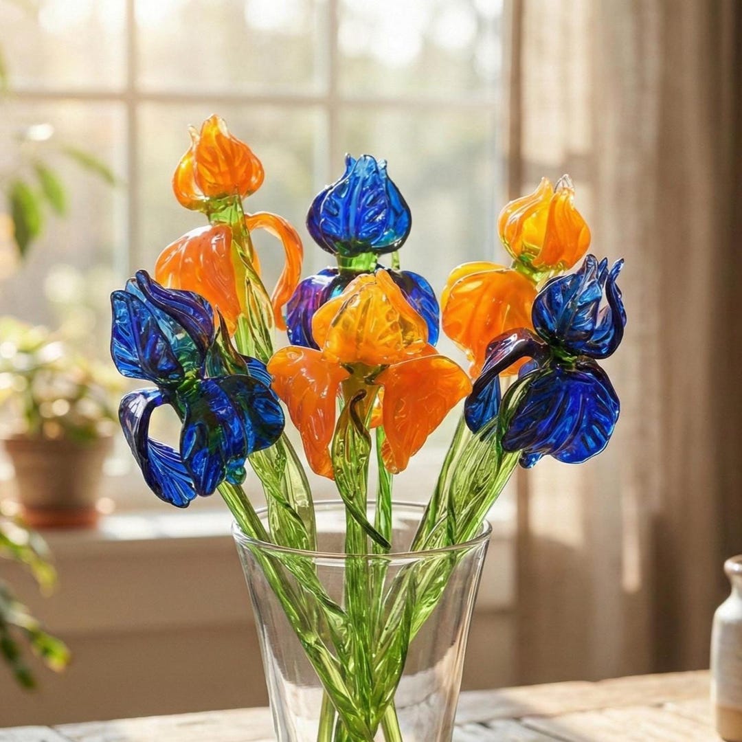 手作りガラスの花束 アイリス：青とオレンジの炎で加工された花 - Etsy