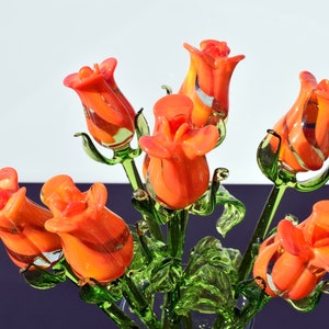 Gorgeous  orange glass long stem Rose flower. Excellent addition to your Home Décor, unique gift. Each flower is priced individually.